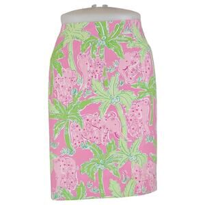 Lilly Pulitzer Taboo Elephant Pink Green Pencil Skirt Palm Preppy Sz 8